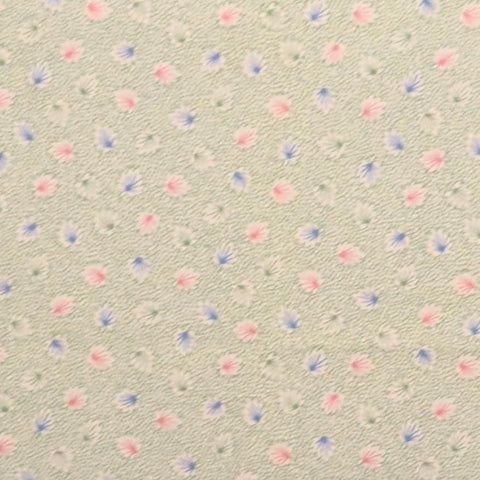 Marcus Bros Textiles - White Fabric with Green Mesh Background / Green, Periwinkle, Pink Leaf Print