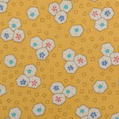 Dark Yellow Fabric / White Micro Dot Background / White Blanket Stitched Hexagon, Flower Print - Selvage to Selvage Print