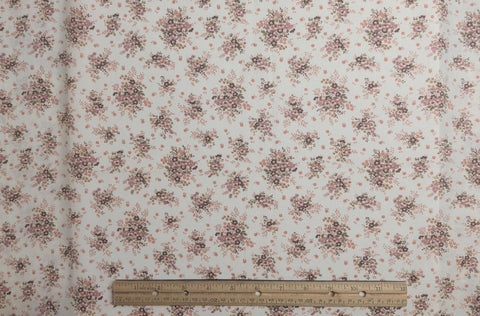 White Fabric / Pink, Brown, Green Tossed Flower Bouquet Print - Selvage to Selvage Print