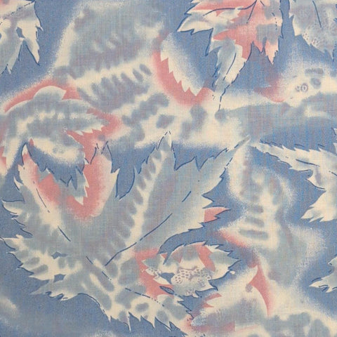 Blue Tonal Fabric / Pink, White Packed Leaf Print - Selvage to Selvage Print