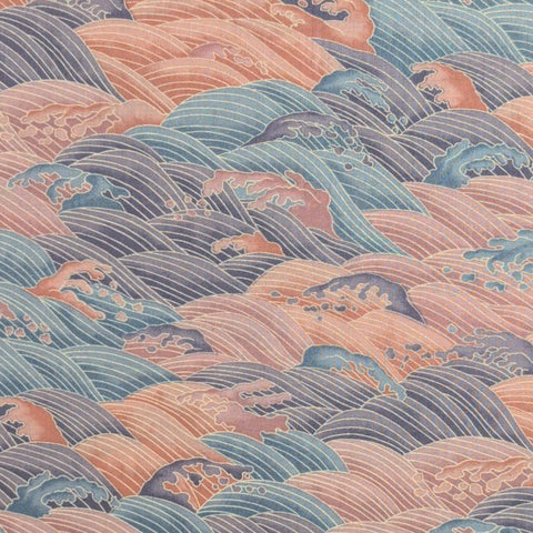 Wood Block Prints Hoffman International Fabrics - Coral, Blue, Green, Purple Rolling Hills Print Fabric