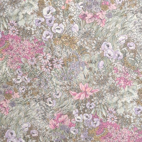 Pastel Blue, Tan, Purple, Pink, Green Watercolor Garden Print Fabric