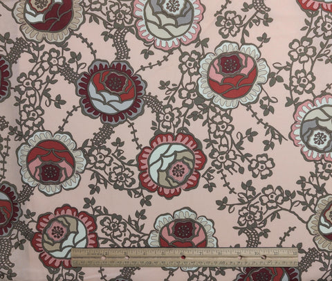 Dashing Roses DR300 Art Gallery Fabrics - Peach Fabric / Brick Red, Red, Khaki Green Flower, Vine Print