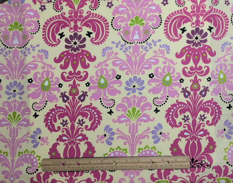 Ellen Meddock Enchanted Damask 901-Fuchsia 2010 - Pale Yellow Fabric / Fuchsia, Lime Green, Pink, Black Fleur de Lis and Butterfly Print