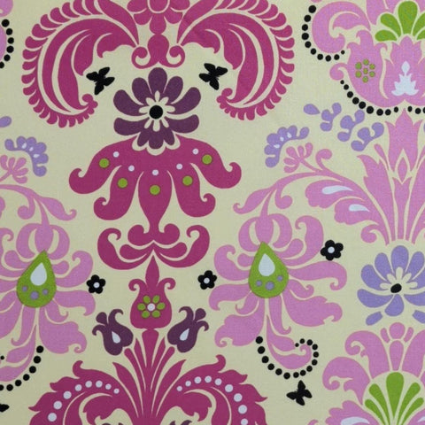 Ellen Meddock Enchanted Damask 901-Fuchsia 2010 - Pale Yellow Fabric / Fuchsia, Lime Green, Pink, Black Fleur de Lis and Butterfly Print