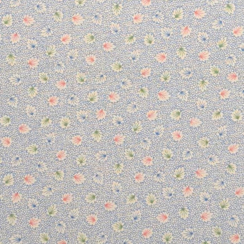 Marcus Bros Textiles - White Fabric with Blue Mesh Background / Pink, Green, Blue Leaf Print