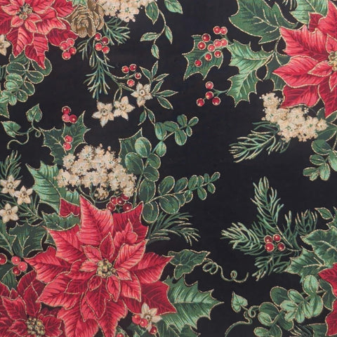 VIP Cranston Print Works by Joan Messmore - Indigo Fabric / Red, White, Green, Tan Poinsettia, Holly, Pinecone Print / Gold Metallic Accents
