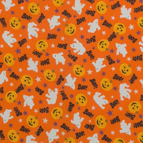 Orange Fabric / White Ghost, Black Boo, Jack-O-Latern Print