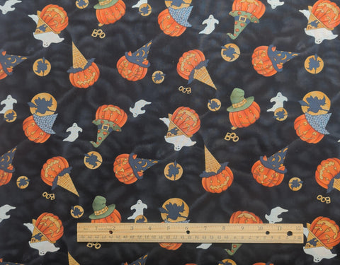 Cats & Bats MM Fab Inc - Black, Charcoal Tonal Fabric / Tossed Jack-O-Lantern with Hats Print