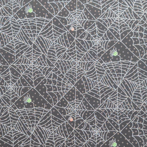 Cynthia Young Hedgehog Productions Moda - Black Fabric / Gray Dot, Brightly Colored Spiders, Silver Metallic Web Print
