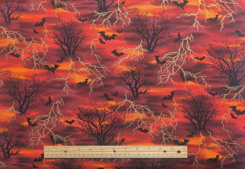 TexStyles - Red, Purple, Orange Fabric / Black Bat, Tree / Gold Metallic Foil Lightning Print