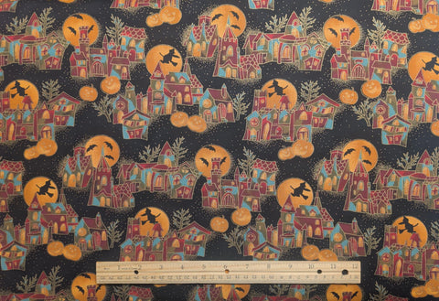 Boo by Hoffman International Fabrics - Black Fabric / Gold Metallic Dot / Castle, Witch, Jack-O-Latern Print