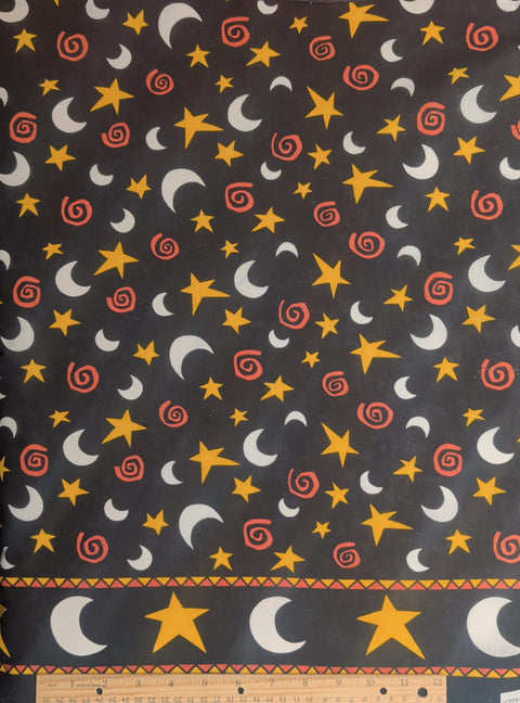 Out on a Whim Patrick Lose for Moda - Black Fabric / Orange, White, Gold Star, Moon, Swirl Border Stripe Print