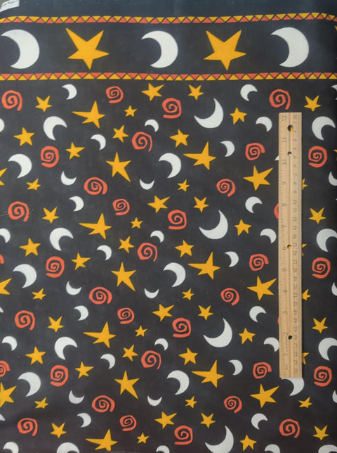 Out on a Whim Patrick Lose for Moda - Black Fabric / Orange, White, Gold Star, Moon, Swirl Border Stripe Print