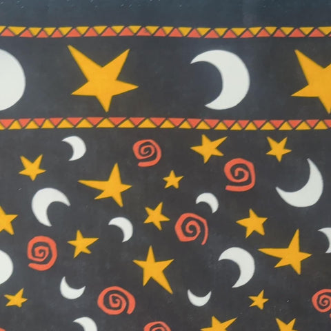 Out on a Whim Patrick Lose for Moda - Black Fabric / Orange, White, Gold Star, Moon, Swirl Border Stripe Print