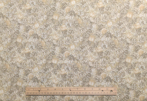 Seasonal Prints by RJR Fashion Fabrics - Golden Tan Fabric / White, Tan, Gold Tossed Pinecone and Apple Silhouette Print