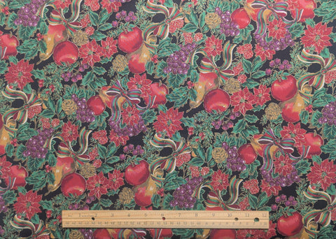 Black Fabric / Poinsettia, Holly, Fruit, Ribbon Print