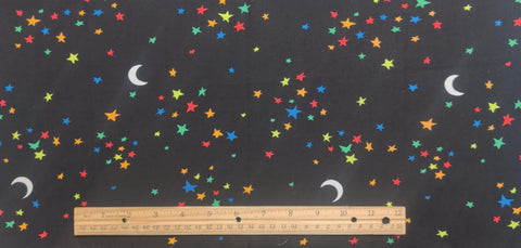 Black Fabric / Brightly Colored Stars, White Moon Print - Selvage to Selvage Print