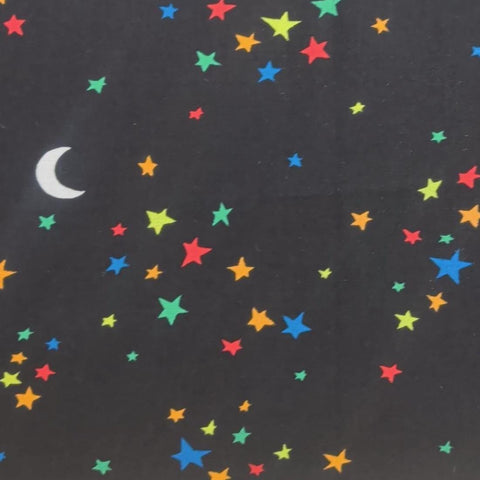 Black Fabric / Brightly Colored Stars, White Moon Print - Selvage to Selvage Print