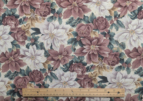 White Fabric / White, Lavender, Dusty Rose Poinsettia and Rose Print / Gold Metallic Accents