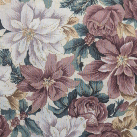 White Fabric / White, Lavender, Dusty Rose Poinsettia and Rose Print / Gold Metallic Accents