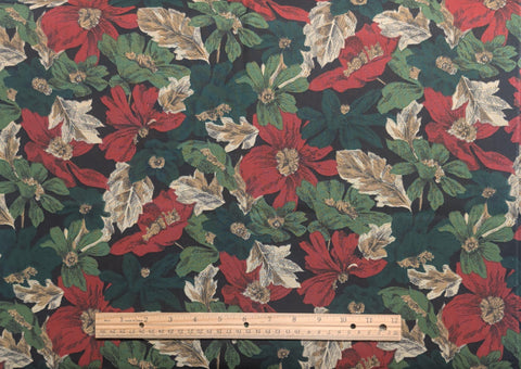Black Fabric / Red, Green, Cream, Tan Packed Leaf and Flower Print