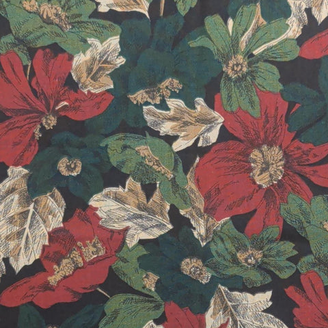 Black Fabric / Red, Green, Cream, Tan Packed Leaf and Flower Print
