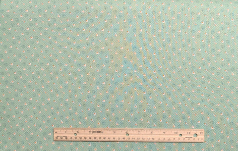 Judie Rothermel for Marcus Brothers Textiles - Green Fabric with White, Navy Micro Dot Background / White, Gold Tossed Flower Print