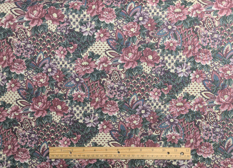 Canterbury Manor Hoffman International Fabrics - White, Pink, Rose, Green Packed Floral Print Fabric