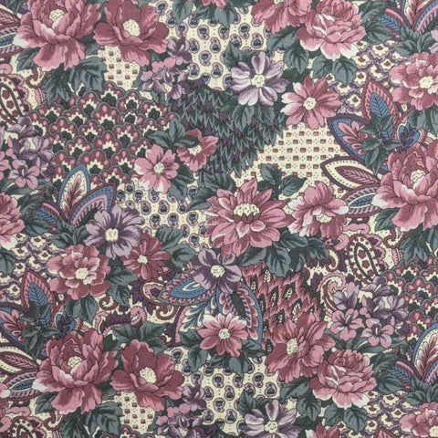 Canterbury Manor Hoffman International Fabrics - White, Pink, Rose, Green Packed Floral Print Fabric