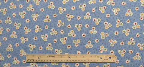 Light Blue Fabric / White Micro Dot Background / White Blanket Stitched Hexagon, Flower Print - Selvage to Selvage Print
