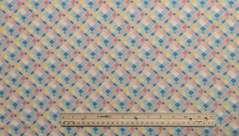 White, Pink, Blue, Green, Yellow Bias Plaid Fabric - Selvage to Selvage Print