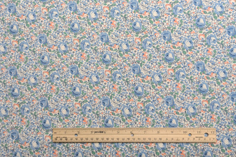 White Fabric / Blue, Green, Salmon Pink Packed Floral Print - Selvage to Selvage Print