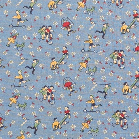 Aunt Grace by Judie Rothermel for Marcus Brothers Textiles - Blue Fabric / Red, Yellow, Blue, Green Tossed Children at Play Print