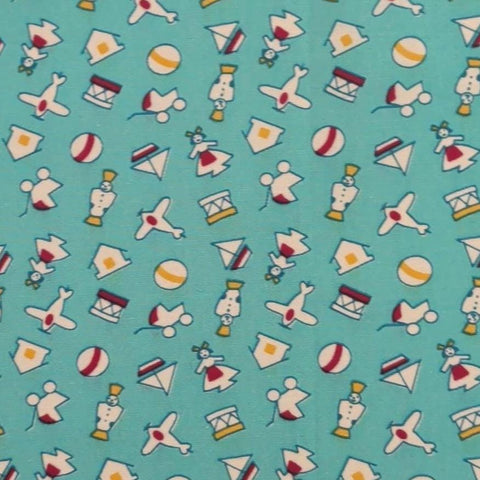 Turquoise Fabric / White, Red, Yellow Tossed Vintage Toy Print - Selvage to Selvage Print