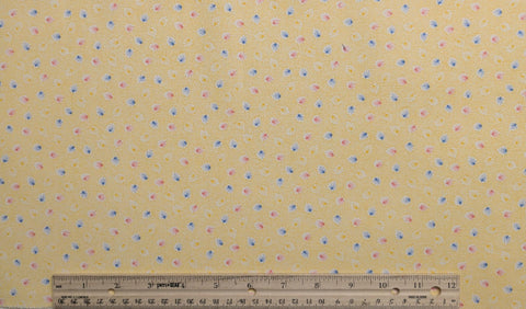 Marcus Bros Textiles - White Fabric with Yellow Mesh Background / Periwinkle, Pink, Yellow Leaf Print