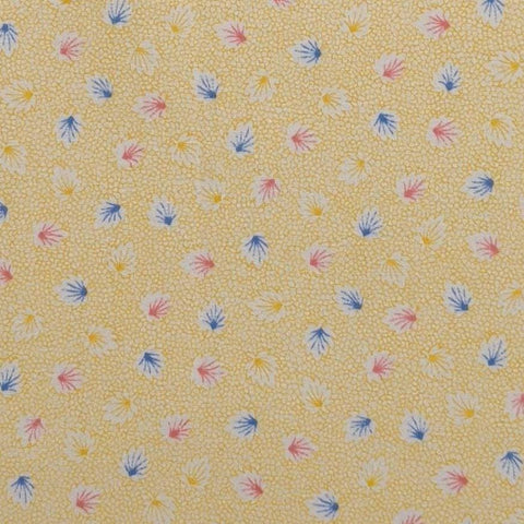 Marcus Bros Textiles - White Fabric with Yellow Mesh Background / Periwinkle, Pink, Yellow Leaf Print