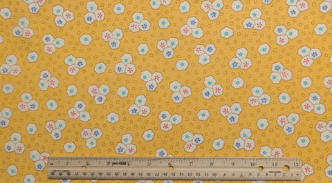 Dark Yellow Fabric / White Micro Dot Background / White Blanket Stitched Hexagon, Flower Print - Selvage to Selvage Print