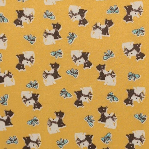Marcus Brothers Textiles - Yellow Fabric / Brown, White Scottie Dog Print / Turquoise Bow