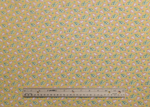 Aunt Grace Sweeties by Judie Rothermel for Marcus Brothers Textiles - Yellow Fabric / White and Dark Pink Bunny, Blue Flower Tossed Print