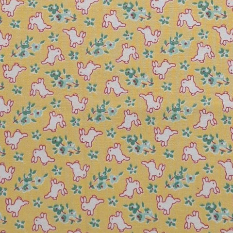 Aunt Grace Sweeties by Judie Rothermel for Marcus Brothers Textiles - Yellow Fabric / White and Dark Pink Bunny, Blue Flower Tossed Print