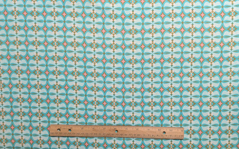 Girly Girl for Art Gallery Fabrics - Aqua Fabric / Teal, Antique Bronze, Cream, Pink Print