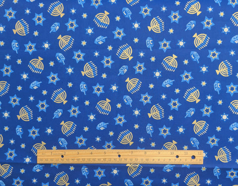 VIP Cranston Print Works - Blue Fabric / Blue, Gold Metallic, White Dreidel, Star of David, Menorah Print