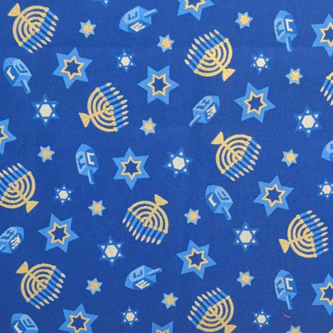 VIP Cranston Print Works - Blue Fabric / Blue, Gold Metallic, White Dreidel, Star of David, Menorah Print