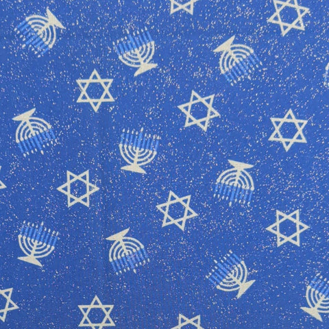 Blue Fabric / Pale Gray Star of David, Menorah with Silver Glitter Frost - Selvage to Selvage Print