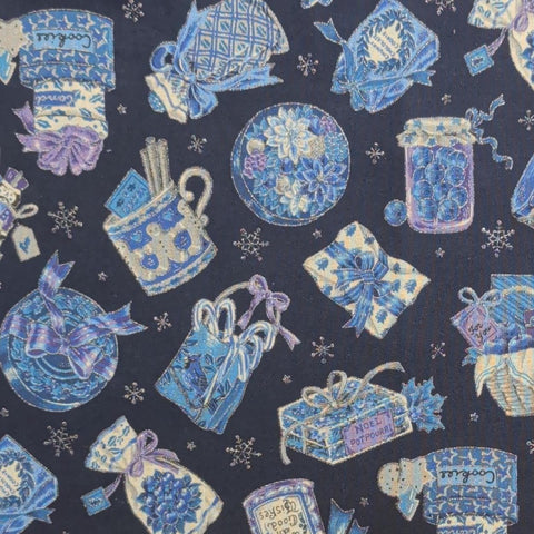 VIP Cranston Print Works - Navy Fabric / Blue, White, Gray, Silver Metallic Tossed Christmas Print