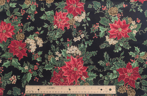 VIP Cranston Print Works by Joan Messmore - Indigo Fabric / Red, White, Green, Tan Poinsettia, Holly, Pinecone Print / Gold Metallic Accents