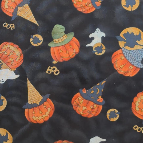 Cats & Bats MM Fab Inc - Black, Charcoal Tonal Fabric / Tossed Jack-O-Lantern with Hats Print