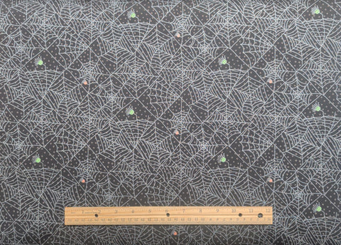 Cynthia Young Hedgehog Productions Moda - Black Fabric / Gray Dot, Brightly Colored Spiders, Silver Metallic Web Print
