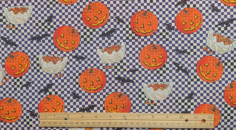 White and Purple Checked Fabric / Tossed Pumpkin, Bat, Ghost Print